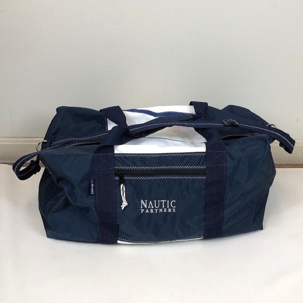 Re-Sails Seabag Recycled Sail Bag Duffle Gym Bag w/ Shoulder Strap Blue White